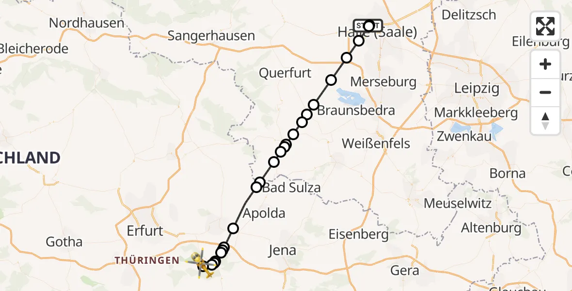 Flugroute Ambulanzhubschrauber Halle (Saale) University Hospital - DRF Rettungsstation Bad Berka Hubschrauberlandeplatz, 29 Mai 2026, 18:14