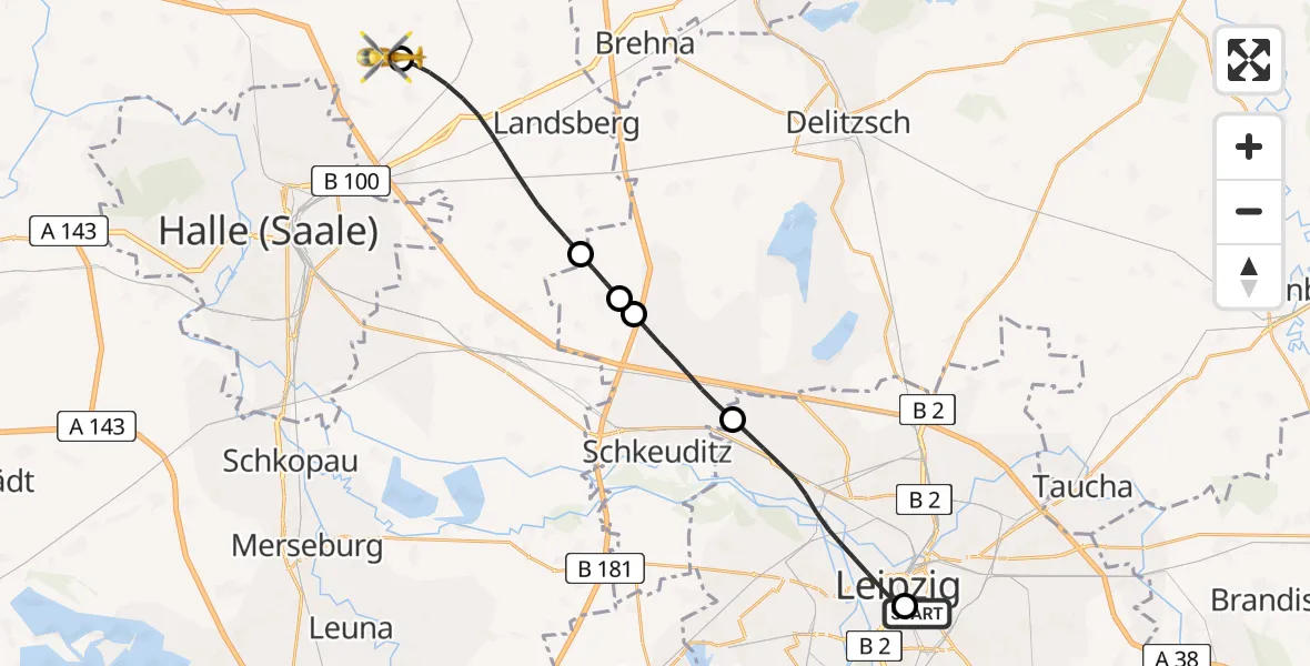 Flugroute Rettungshubschrauber Leipzig University Hospital Heliport 1 - Halle-Oppin Flugplatz, 29 Mai 2026, 18:15
