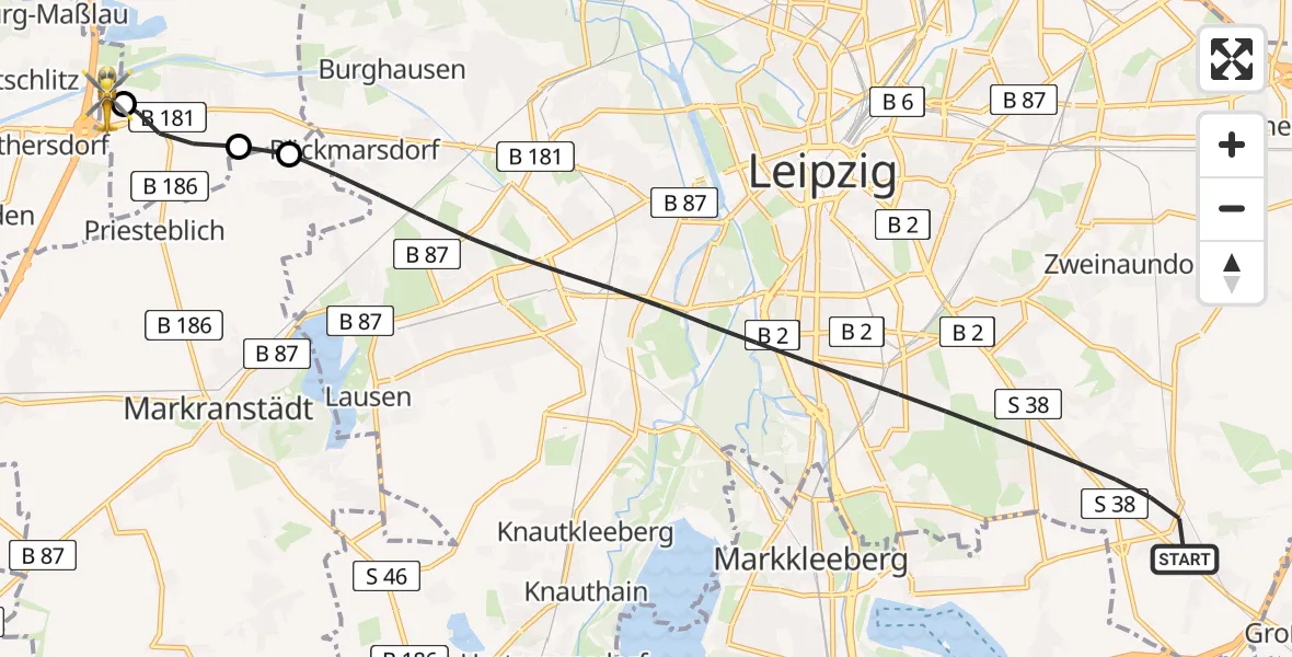 Flugroute Rettungshubschrauber Leipzig - ADAC Air Rescue Station Leipzig/Schkeuditz-Dölzig Hubschrauberlandeplatz (Christoph 61), 29 Mai 2026, 18:18