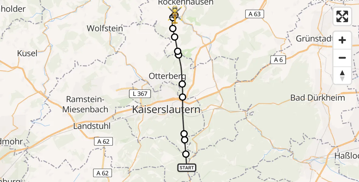 Flugroute Rettungshubschrauber Trippstadt - Imsweiler UL, 29 Mai 2026, 18:18