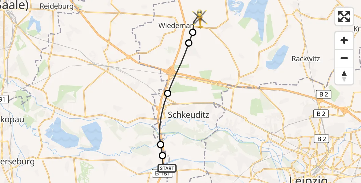 Flugroute Rettungshubschrauber ADAC Air Rescue Station Leipzig/Schkeuditz-Dölzig Hubschrauberlandeplatz (Christoph 61) - Wiedemar, 29 Mai 2026, 18:26