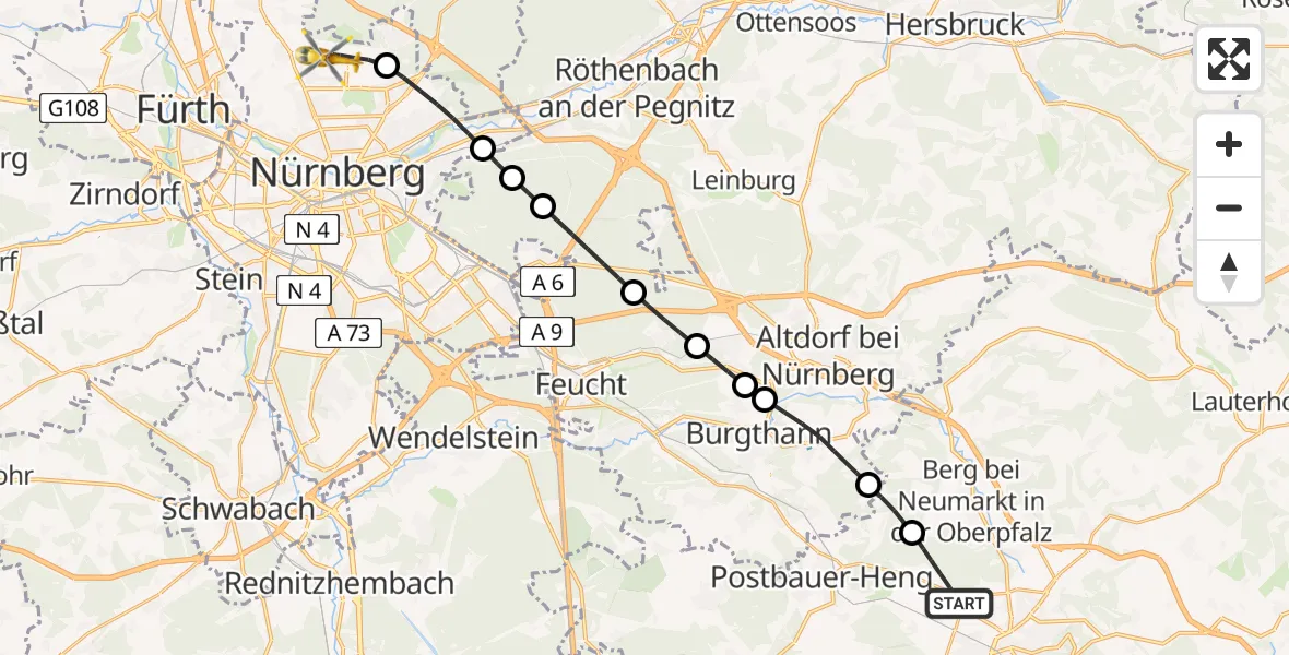 Flugroute Ambulanzhubschrauber Neumarkt i.d.OPf. - Flughafen Nuremberg, 29 Mai 2026, 18:27