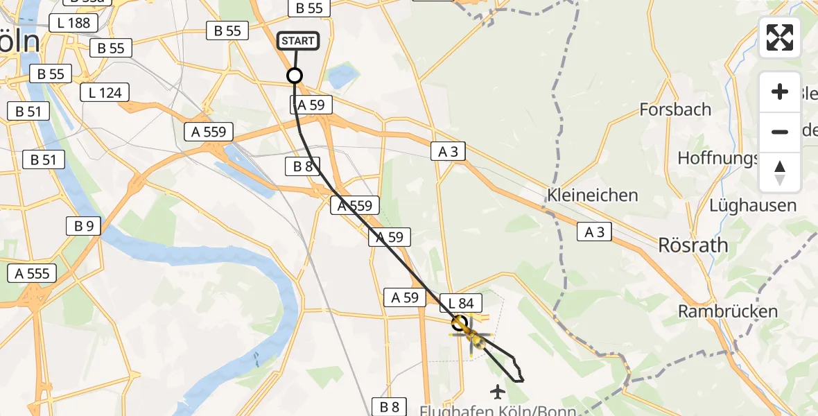 Flugroute Rettungshubschrauber Merheim Hospital - Köln Bonn Flughafen, 29 Mai 2026, 18:29