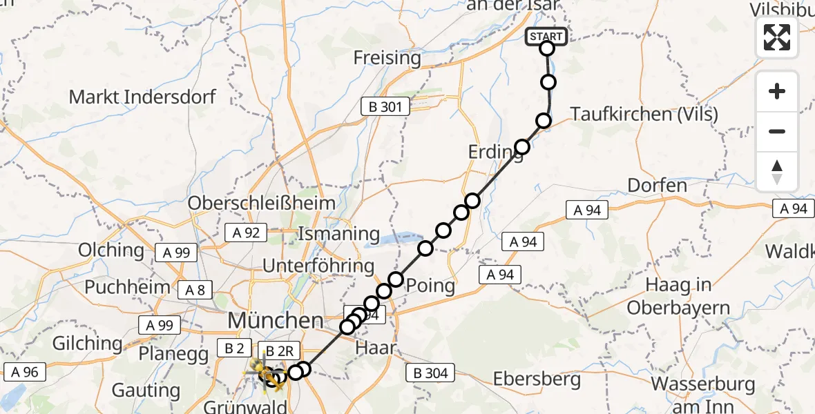 Flugroute Rettungshubschrauber Langenpreising - ADAC Air Rescue Center Hubschrauberlandeplatz (Christoph 1), 29 Mai 2026, 18:33