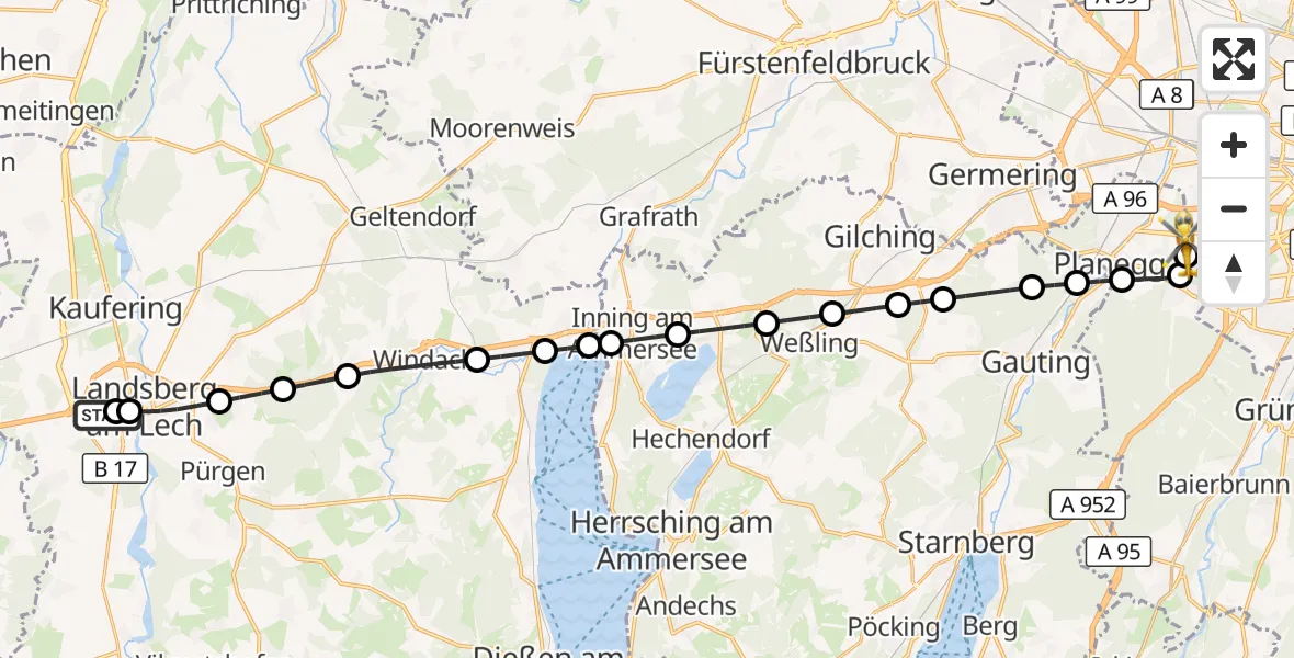 Flugroute Rettungshubschrauber Landsberg am Lech Hospital - DRF Air Rescue München Hubschrauberlandeplatz, 29 Mai 2026, 18:44