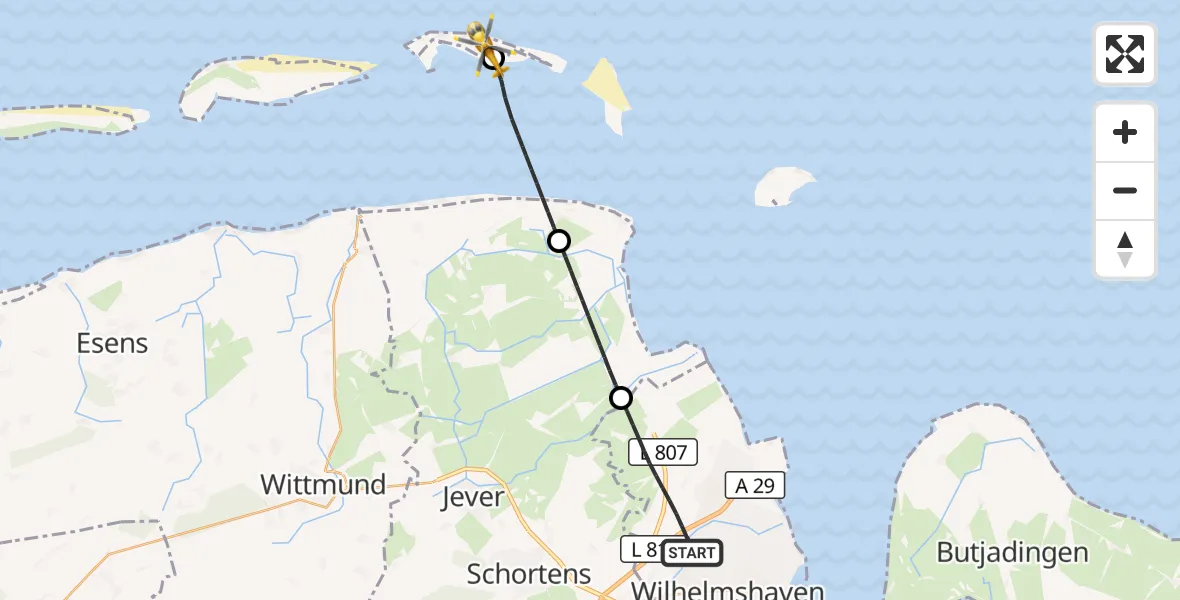 Flugroute Rettungshubschrauber Wilhelmshaven - Noordzee, 29 Mai 2026, 18:49