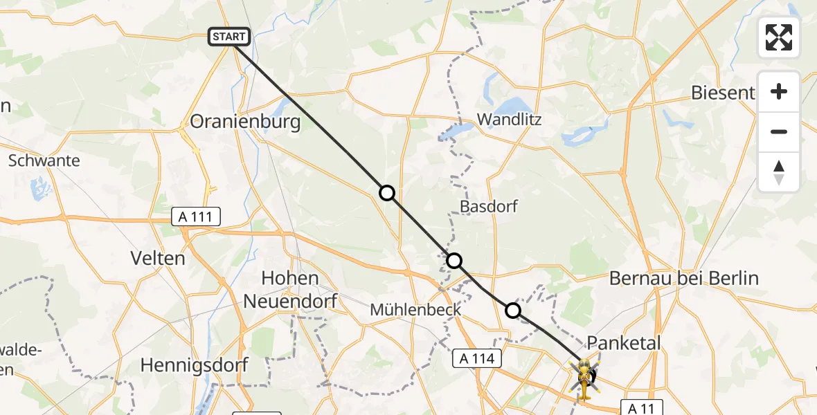 Flugroute Rettungshubschrauber Oranienburg - Helios Clinic Berlin-Buch, 29 Mai 2026, 18:50