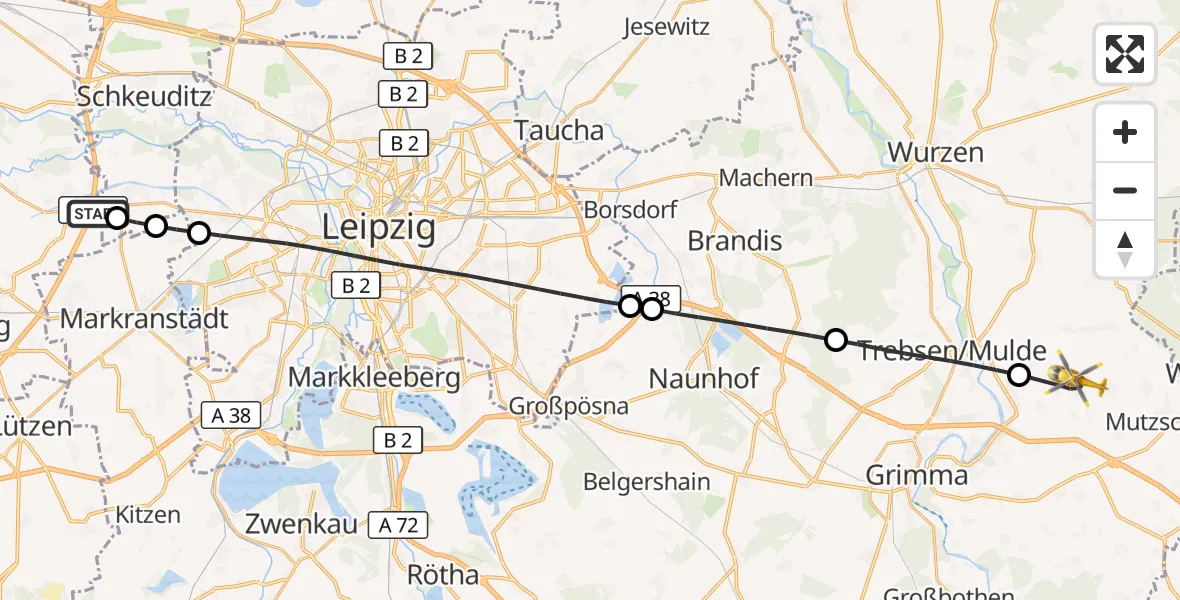 Flugroute Rettungshubschrauber Leuna - Grimma, 29 Mai 2026, 18:55