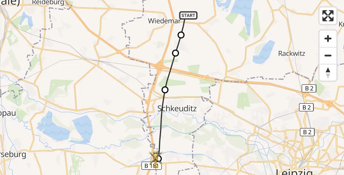 Flugroute Rettungshubschrauber Wiedemar - ADAC Air Rescue Station Leipzig/Schkeuditz-Dölzig Hubschrauberlandeplatz (Christoph 61), 29 Mai 2026, 19:03