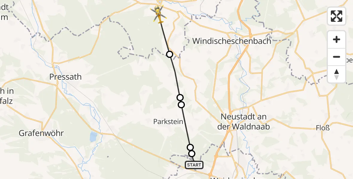 Flugroute Rettungshubschrauber Weiden i.d.OPf. - Erbendorf, 29 Mai 2026, 19:06