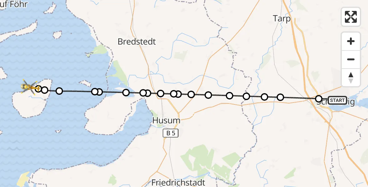 Flugroute Ambulanzhubschrauber Schleswig - Pellworm, 29 Mai 2026, 19:07