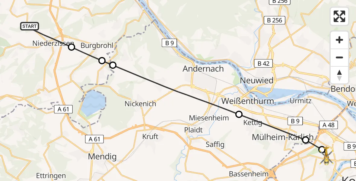 Flugroute Rettungshubschrauber Niederzissen - Koblenz, 29 Mai 2026, 19:13