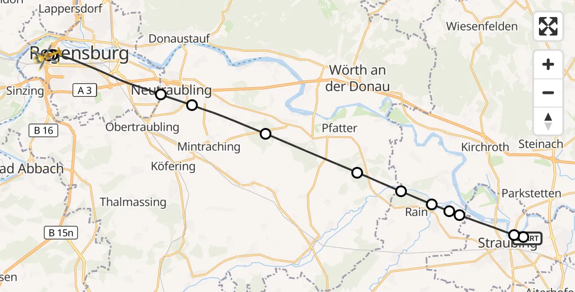 Flugroute Rettungshubschrauber Sankt Elisabeth Hospital Straubing - Barmherzige Brüder (Brothers of Mercy) Hospital Regensburg, 29 Mai 2026, 19:20