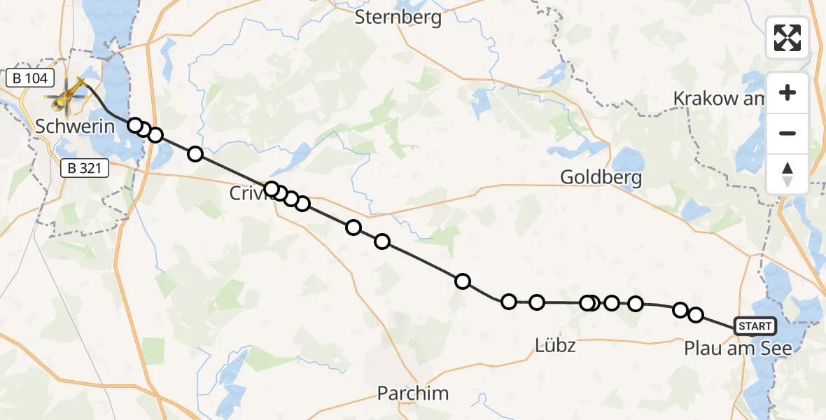 Flugroute Rettungshubschrauber Plau am See - Schwerin, 29 Mai 2026, 19:27