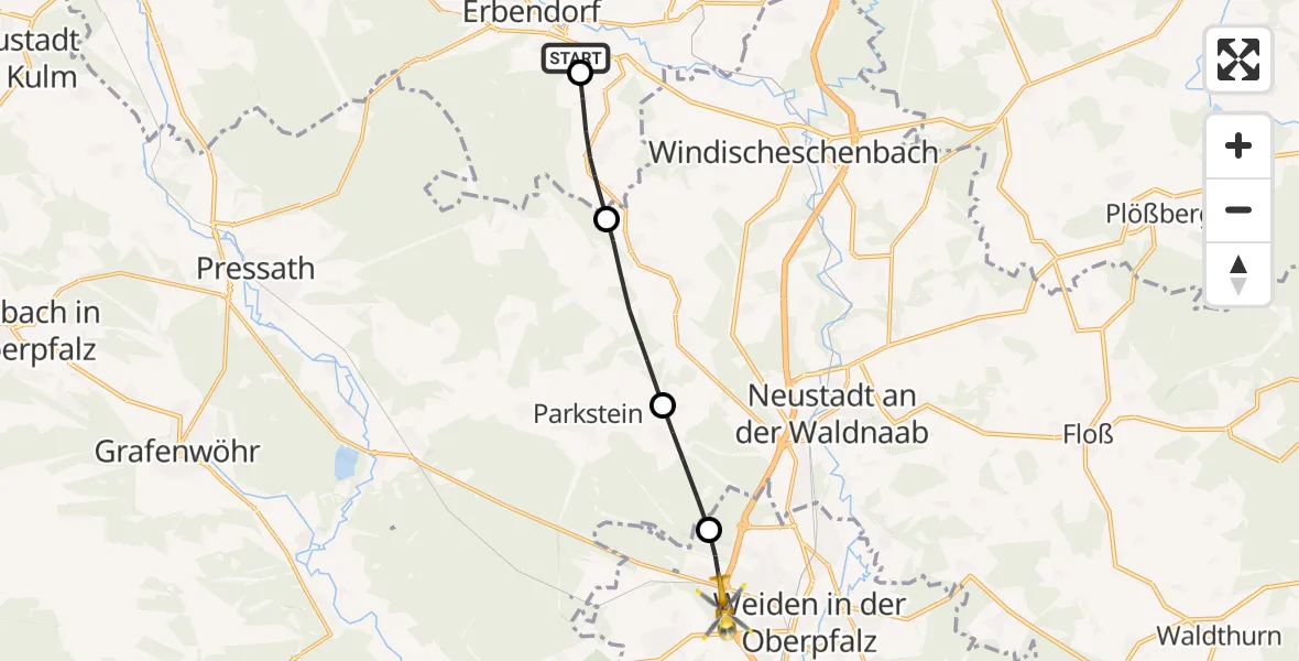 Flugroute Rettungshubschrauber Krummennaab - Weiden i.d.OPf., 29 Mai 2026, 19:28