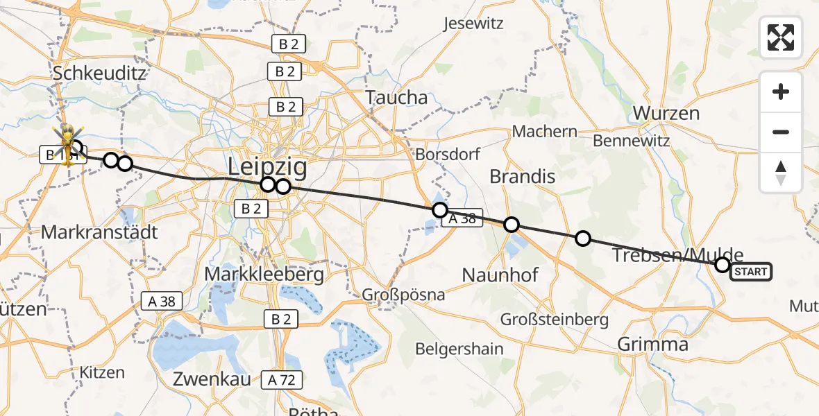 Flugroute Rettungshubschrauber Grimma - ADAC Air Rescue Station Leipzig/Schkeuditz-Dölzig Hubschrauberlandeplatz (Christoph 61), 29 Mai 2026, 19:35