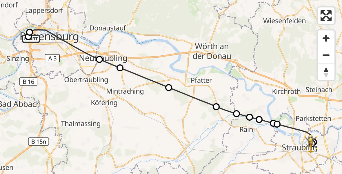 Flugroute Rettungshubschrauber Barmherzige Brüder (Brothers of Mercy) Hospital Regensburg - Sankt Elisabeth Hospital Straubing, 29 Mai 2026, 19:57