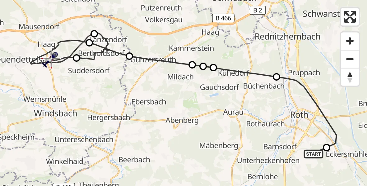 Flugroute Polizeihubschrauber Flugplatz Roth - Neuendettelsau, 29 Mai 2026, 19:58
