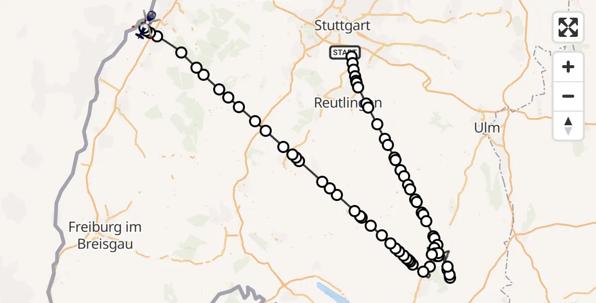 Flugroute Polizeihubschrauber Flughafen Stuttgart - Karlsruhe Baden-Baden Flughafen, 29 Mai 2026, 20:25