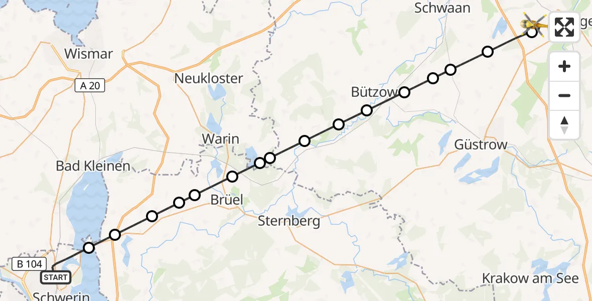 Flugroute Rettungshubschrauber Schwerin - Flughafen Rostock-Laage, 29 Mai 2026, 20:25