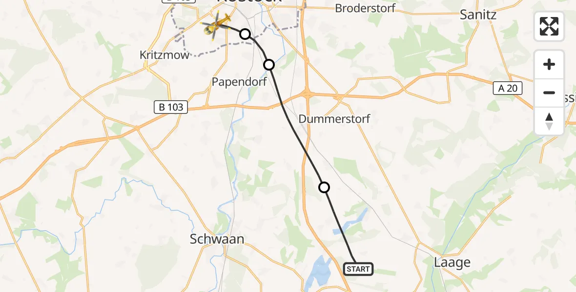Flugroute Rettungshubschrauber Dolgen am See - Rostock, 29 Mai 2026, 20:58