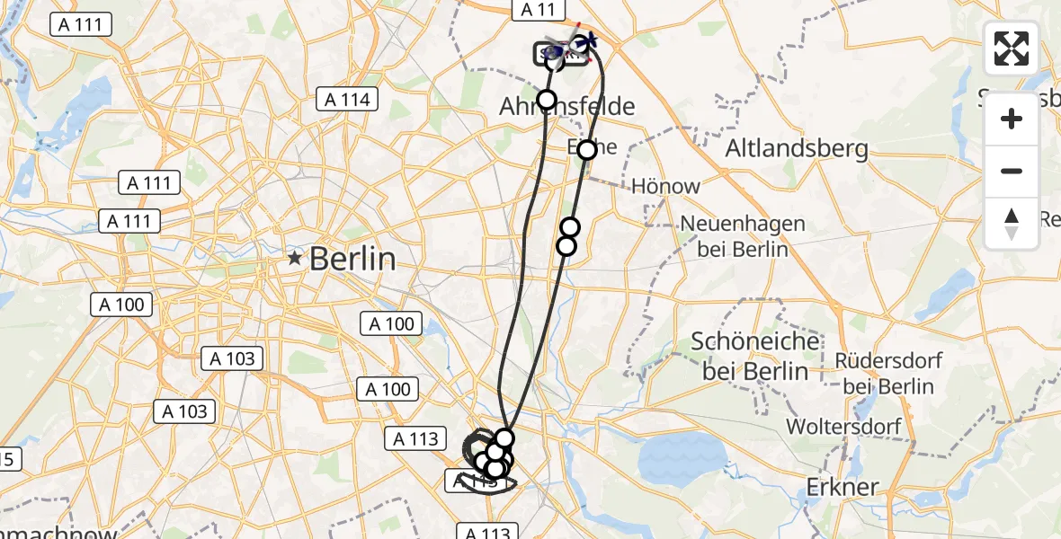 Flugroute Polizeihubschrauber Ahrensfelde Hubschrauberlandeplatz - Ahrensfelde Hubschrauberlandeplatz, 29 Mai 2026, 21:01
