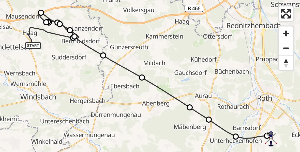 Flugroute Polizeihubschrauber Neuendettelsau - Flugplatz Roth, 29 Mai 2026, 21:12