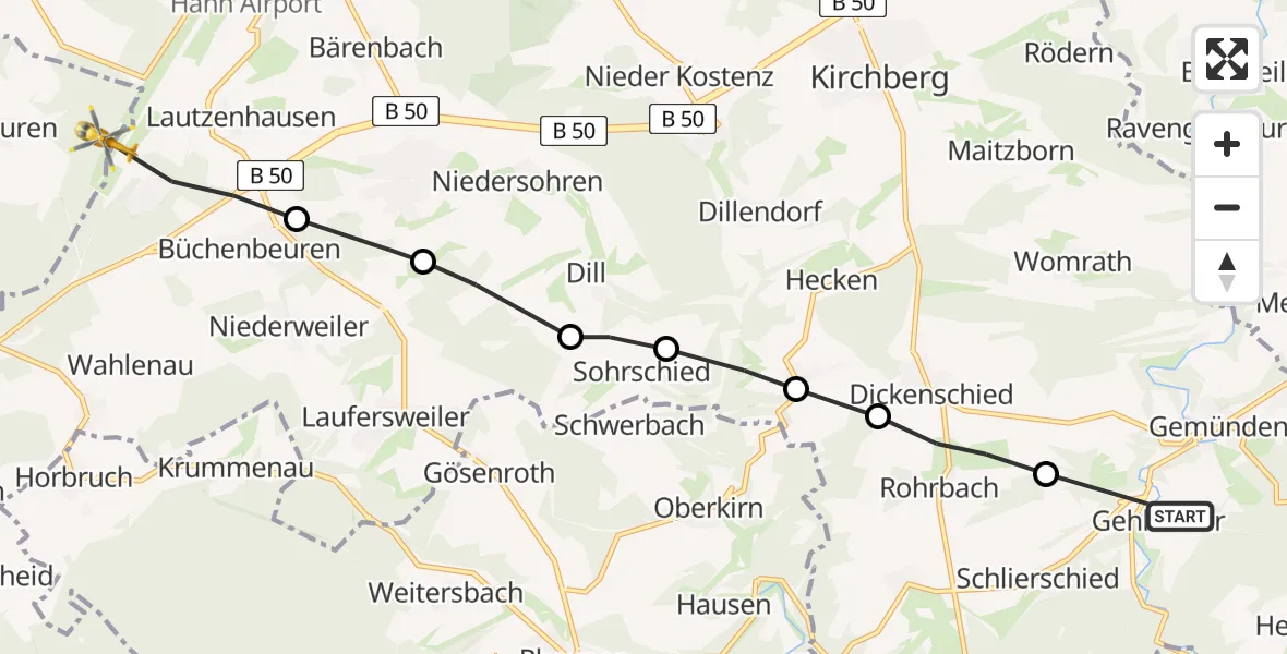 Flugroute Rettungshubschrauber Gehlweiler - Lötzbeuren, 29 Mai 2026, 21:21