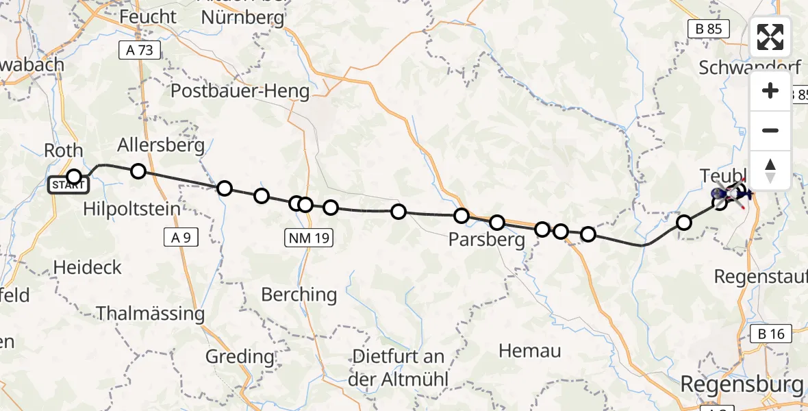 Flugroute Polizeihubschrauber Flugplatz Roth - Maxhütte-Haidhof, 29 Mai 2026, 22:24