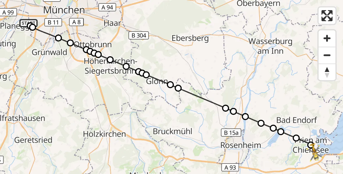 Flugroute Rettungshubschrauber DRF Air Rescue München Hubschrauberlandeplatz - Prien a.Chiemsee, 29 Mai 2026, 22:41