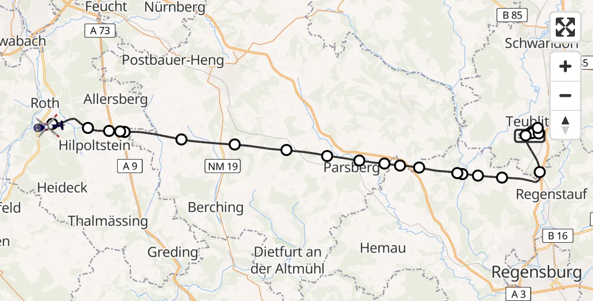 Flugroute Polizeihubschrauber Maxhütte-Haidhof - Flugplatz Roth, 29 Mai 2026, 22:56