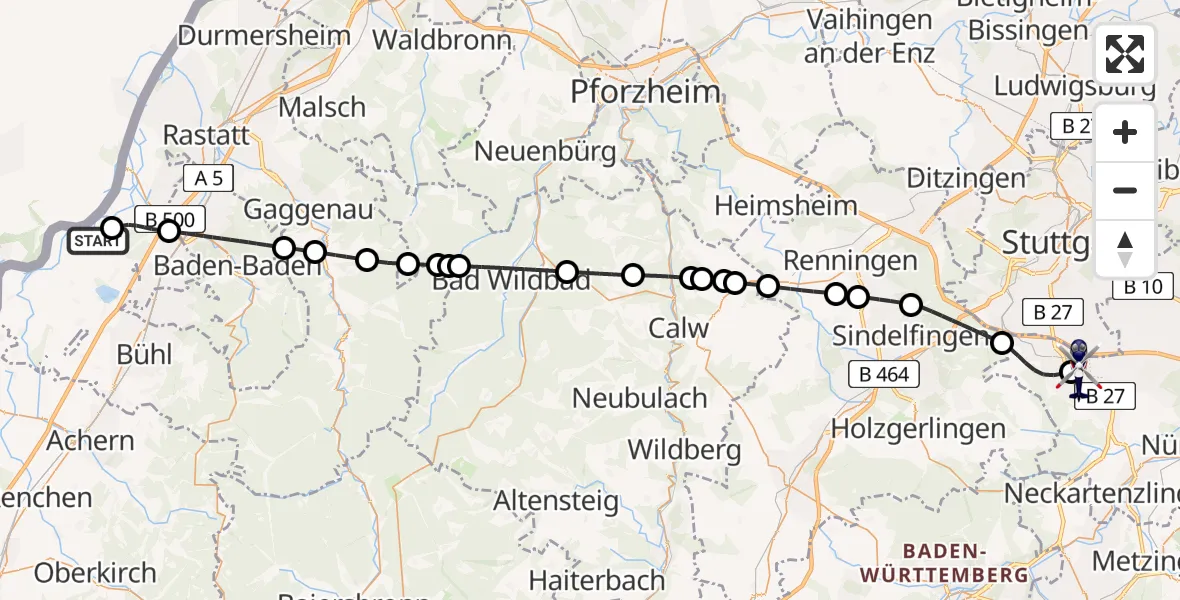 Flugroute Polizeihubschrauber Karlsruhe Baden-Baden Flughafen - Flughafen Stuttgart, 29 Mai 2026, 23:04
