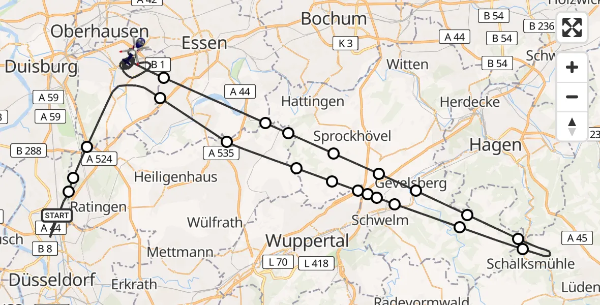 Flugroute Polizeihubschrauber Düsseldorf Flughafen - Mülheim an der Ruhr, 30 Mai 2026, 01:40