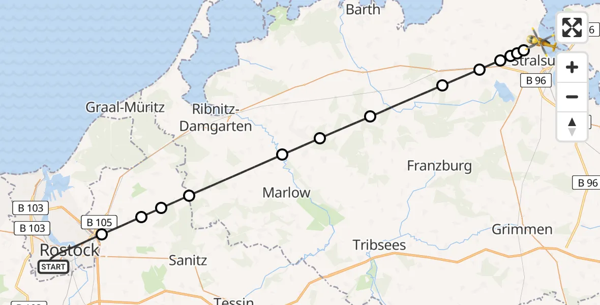 Flugroute Rettungshubschrauber Rostock - Stralsund, 30 Mai 2026, 02:17