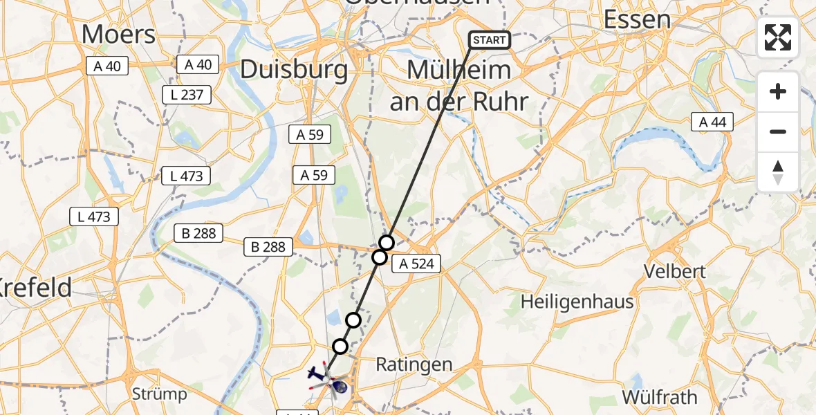 Flugroute Polizeihubschrauber Mülheim an der Ruhr - Düsseldorf Flughafen, 30 Mai 2026, 02:34