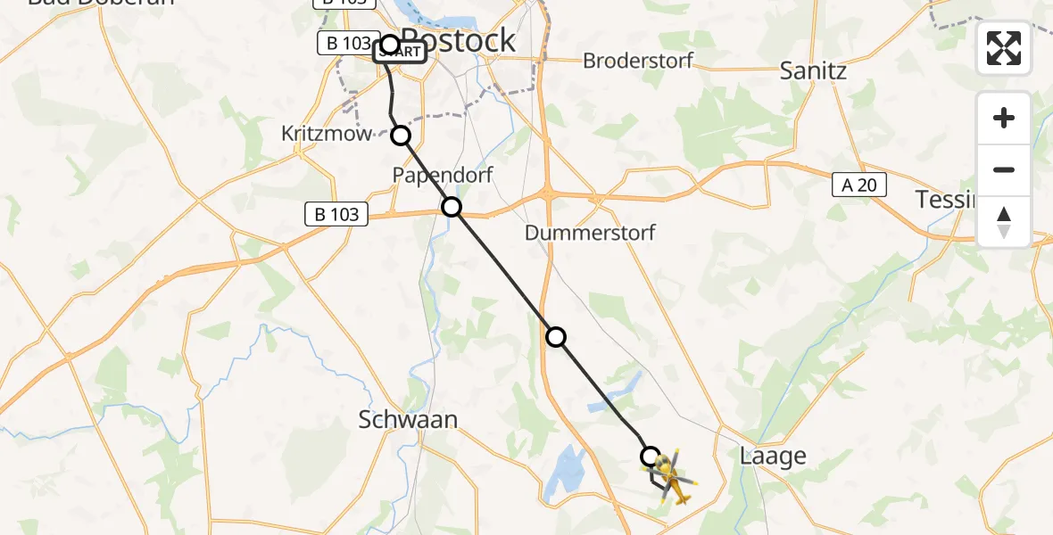 Flugroute Rettungshubschrauber Rostock University Hubschrauberlandeplatz - Flughafen Rostock-Laage, 30 Mai 2026, 04:08