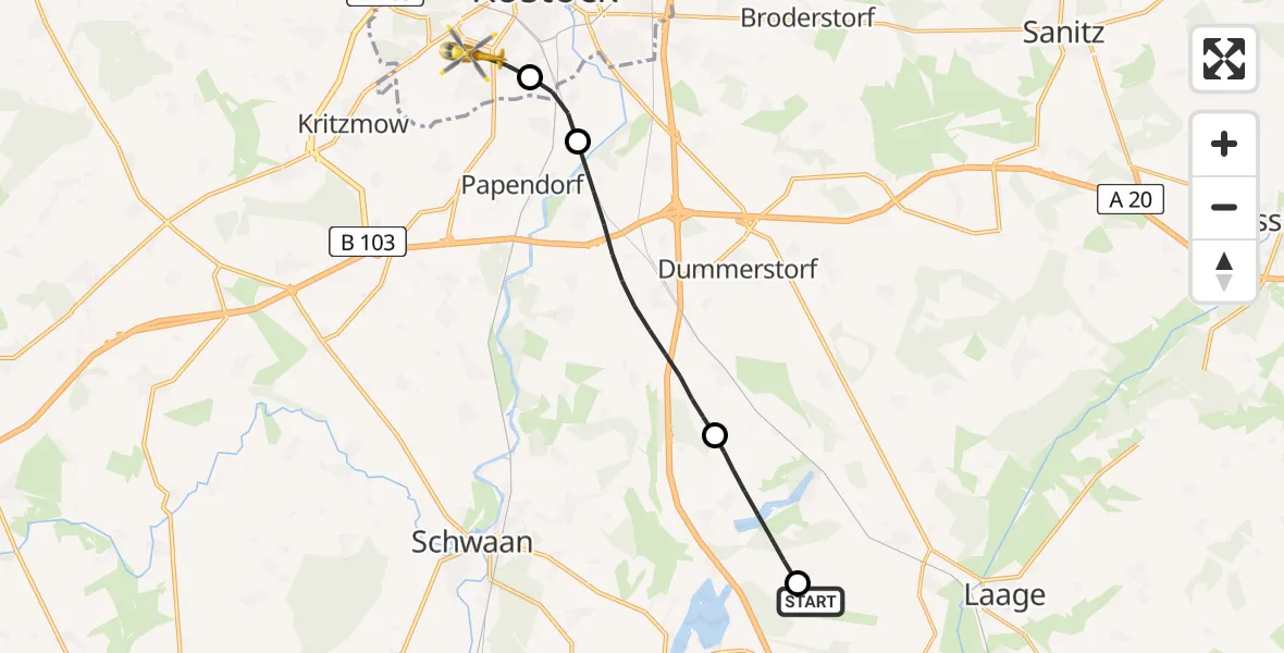 Flugroute Rettungshubschrauber Flughafen Rostock-Laage - Rostock, 30 Mai 2026, 04:31