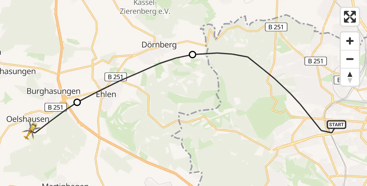 Flugroute Rettungshubschrauber Kassel - Zierenberg, 30 Mai 2026, 05:16