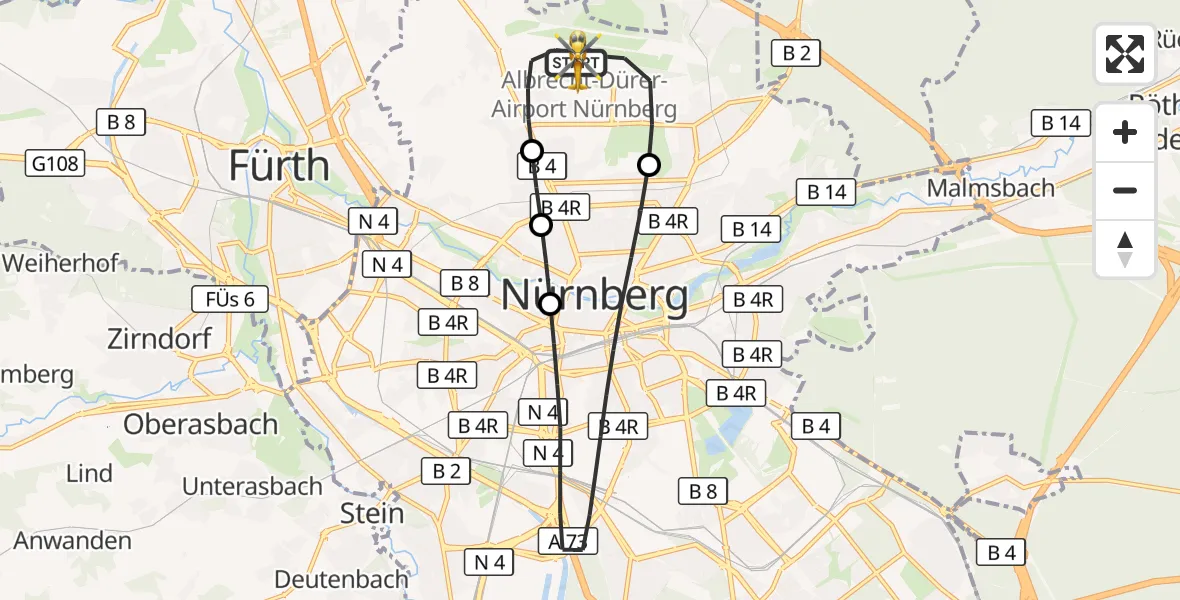Flugroute Ambulanzhubschrauber Flughafen Nuremberg - Flughafen Nuremberg, 30 Mai 2026, 05:45