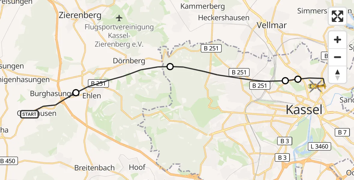 Flugroute Rettungshubschrauber Zierenberg - Kassel, 30 Mai 2026, 05:56