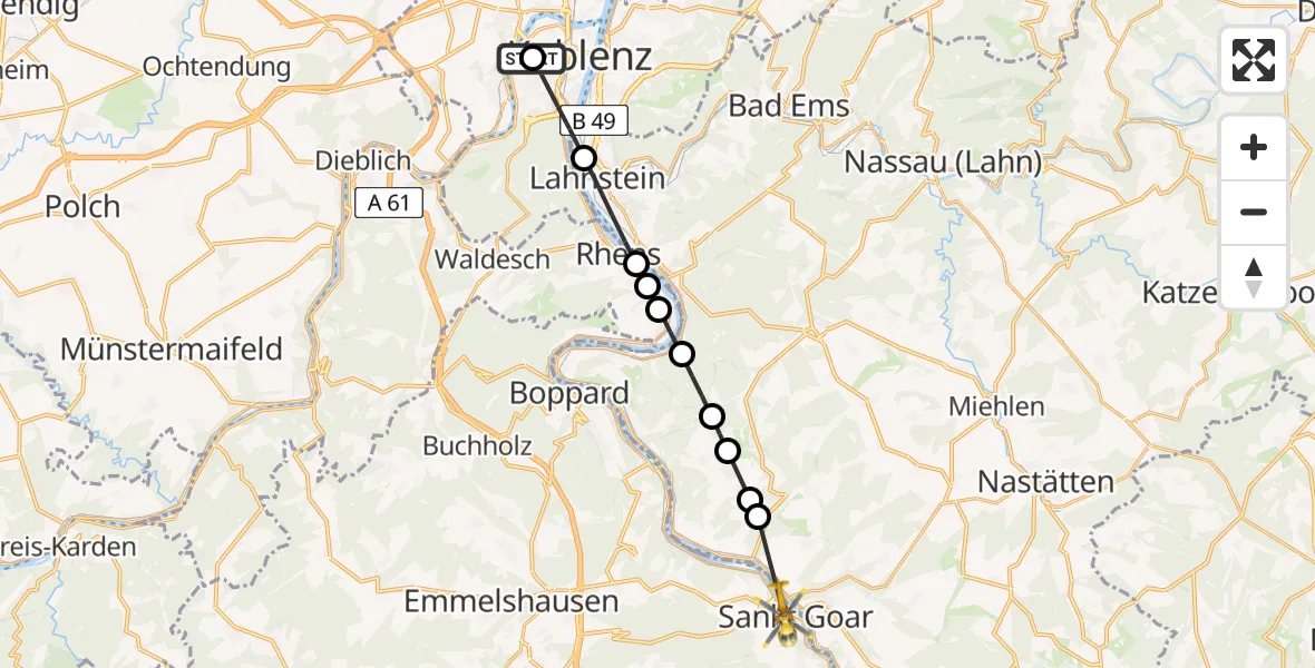 Flugroute Rettungshubschrauber Kemperhof Koblenz Klinikum Hubschrauberlandeplatz - Sankt Goar, 30 Mai 2026, 06:27