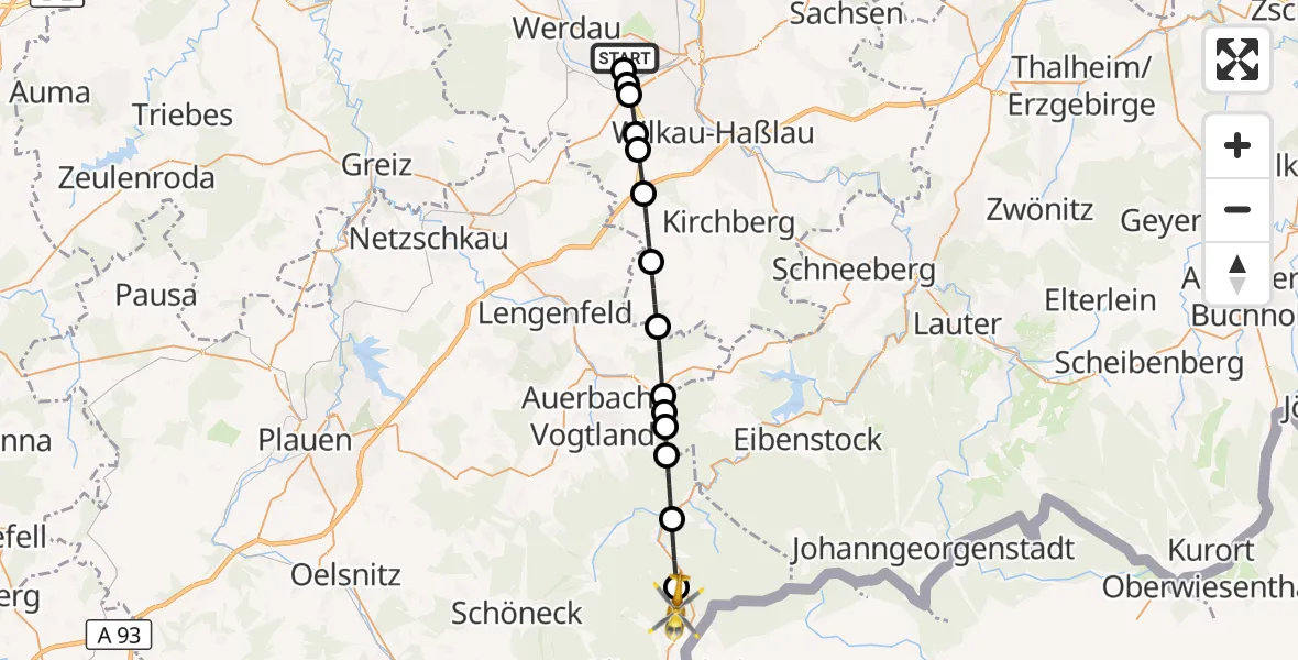 Flugroute Rettungshubschrauber ADAC Air Rescue Station Zwickau Hubschrauberlandeplatz - Klingenthal, 30 Mai 2026, 06:27