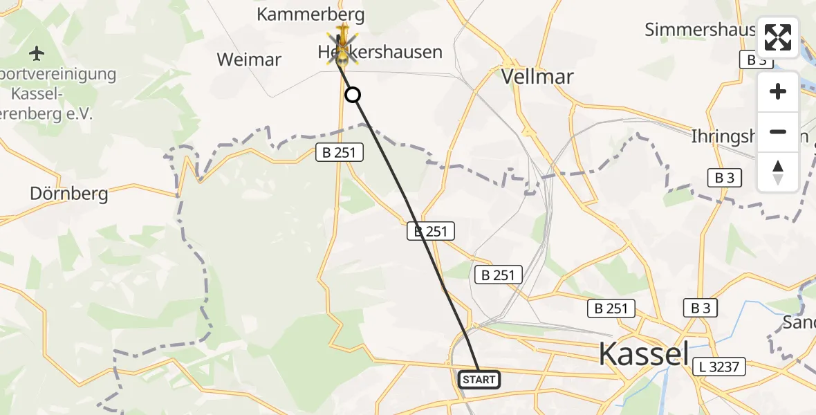Flugroute Rettungshubschrauber Kassel - Ahnatal, 30 Mai 2026, 06:53