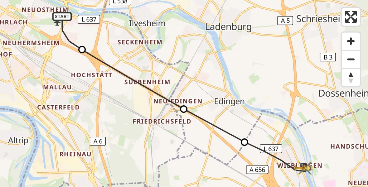 Flugroute Rettungshubschrauber Mannheim-City Flughafen - Heidelberg, 30 Mai 2026, 07:05