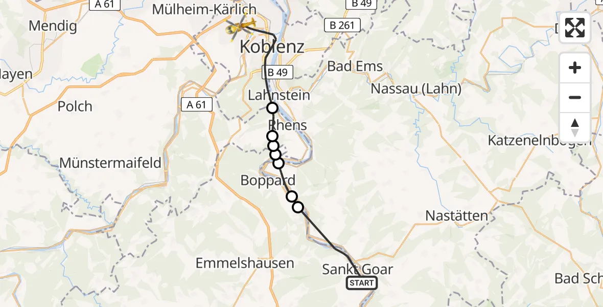 Flugroute Rettungshubschrauber Sankt Goar - Koblenz, 30 Mai 2026, 07:09