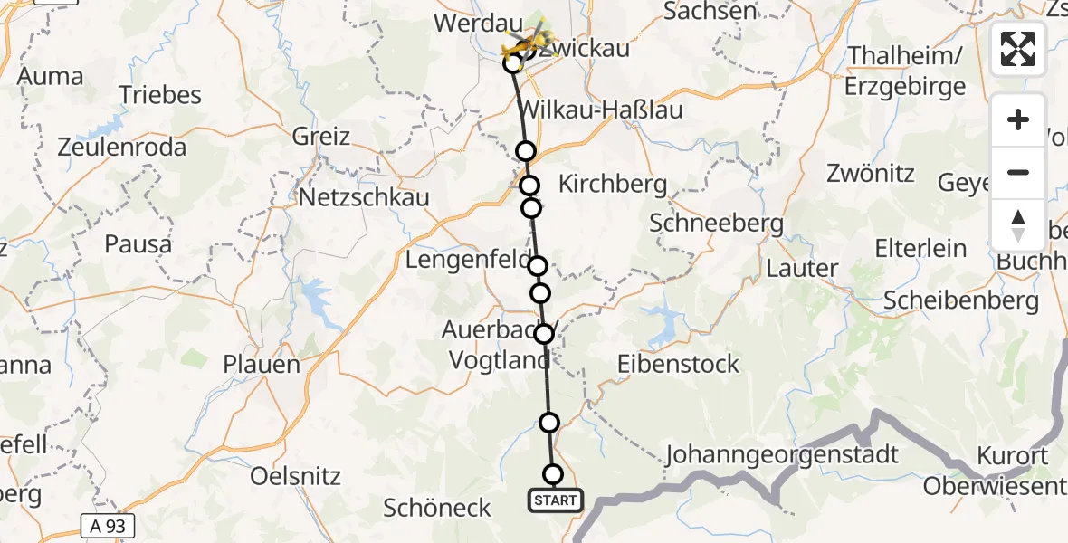 Flugroute Rettungshubschrauber Klingenthal - ADAC Air Rescue Station Zwickau Hubschrauberlandeplatz, 30 Mai 2026, 07:19