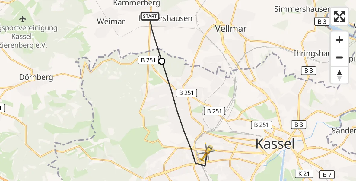 Flugroute Rettungshubschrauber Ahnatal - Kassel, 30 Mai 2026, 07:26