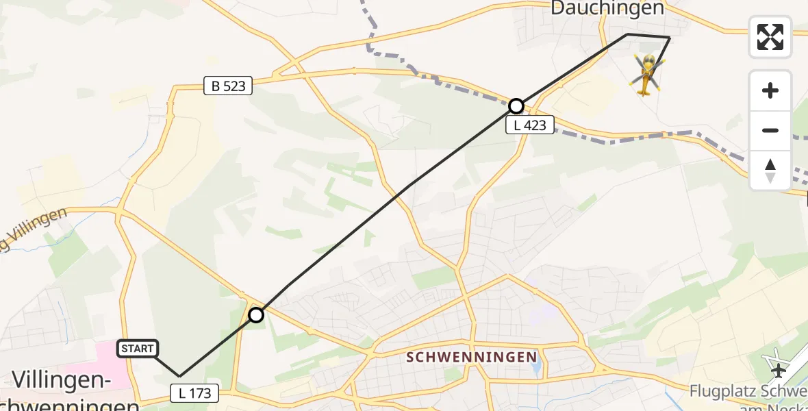Flugroute Ambulanzhubschrauber DRF Air Rescue Station Villingen-Schwenningen Hubschrauberlandeplatz (Christoph 11) - Dauchingen, 30 Mai 2026, 07:34