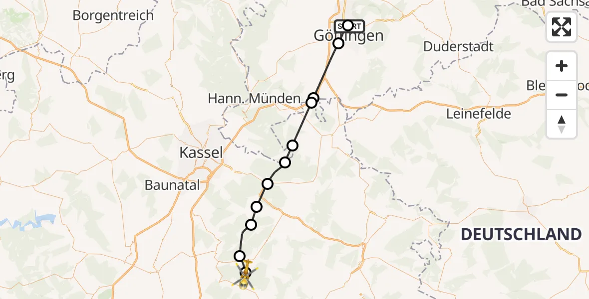 Flugroute Rettungshubschrauber Göttingen University Clinic Hubschrauberlandeplatz - Morschen, 30 Mai 2026, 07:40