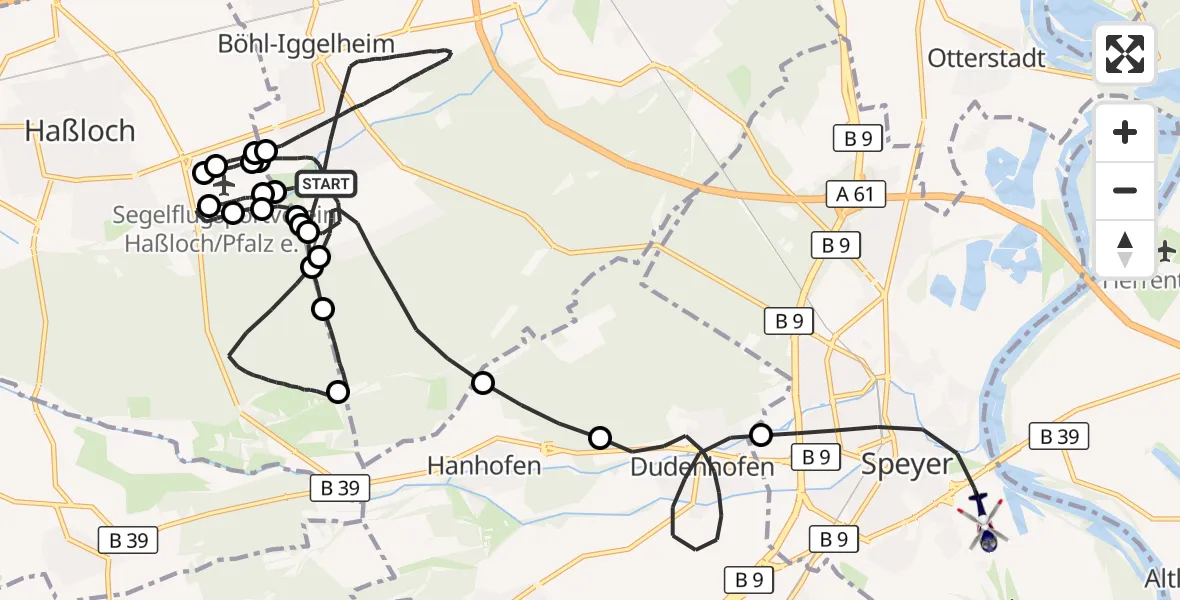 Flugroute Polizeihubschrauber Böhl-Iggelheim - Speyer Flugplatz, 30 Mai 2026, 07:59